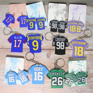 Football Jersey Earrings or Keychain – Allen, Barkley, Goff, Stafford, Jefferson, Crosby – NFL Fan Gift – 3D Printed Dangle Earring Keychain