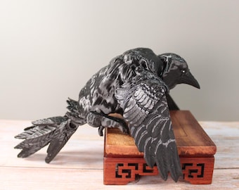 3D Printed Flexi Crow | Articulated Raven Figurine | Shiny Black Silk PLA | Perching Bird Decor – 8" Long with 9" Wingspan