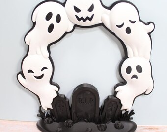 Spooky Ghost Arch Wreath, Freestanding or Wall Hanging 3D Printed Halloween Graveyard Decor