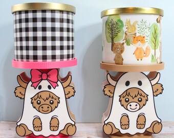 Highland Cow Ghost 3 Wick Candle Holder, Boy or Girl Cow Halloween Candle Stand, Cute Spooky Decor for Large Jar Candles