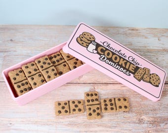 Chocolate Chip Cookie Dominoes Set | Cookie Domino Storage Box | Cute Family Game | Travel Dominoes | Food Lover Gift | Double 6 Dominoes