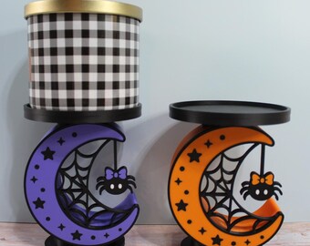 Moon and Spider 3 Wick Candle Holder, Purple or Orange Halloween Candle Stand, Spooky Decor, Fits Large Jar Candles