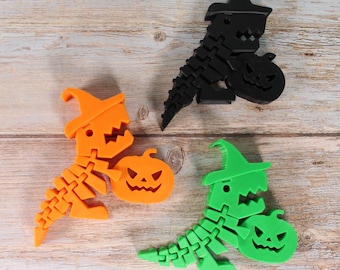 3D Printed Halloween Flexi Dino: Articulated T-Rex Fidget Toy with Witch Hat