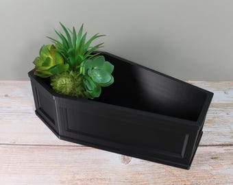 Sarg Übertopf mit Drainage & Tablett - 3D gedruckter Sukkulententopf in schwarz - Halloween Gruselige Zimmerpflanzendekoration (20cm breit)