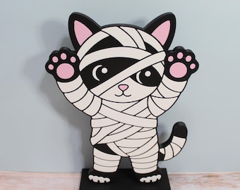 Kitty Mummy Halloween Decor, Freestanding 3D Printed Cat Decoration, Cute Spooky Shelf or Mantel Sign
