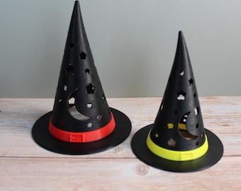 Witch Hat Tea Light Cover – 3D Printed Halloween Decor, Stackable Candle Topper with Moon & Star Cutouts, Large or Small Size, PLA