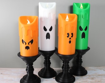 Halloween Candle Holders 3D Printed Spooky Face LED Decor 6.5 7 8 Inch Orange White Green Purple Black Base Battery Tea Light Safe