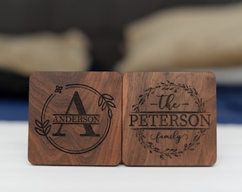 Personalized Wood Coasters set, Engraved Wood Coasters, Custom Wedding Gift Set, Personalized Housewarming Gift, Monogram Wood Coasters