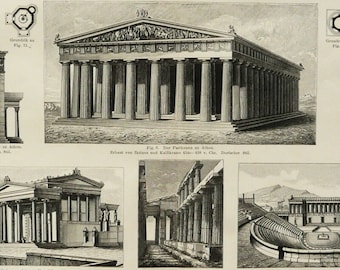 Può includere: Un'illustrazione dettagliata in bianco e nero con vari elementi architettonici greci antichi. L'immagine include rappresentazioni di muri, archi, templi e un teatro, mostrando design e strutture classiche. L'immagine è una rappresentazione storica dell'architettura antica.