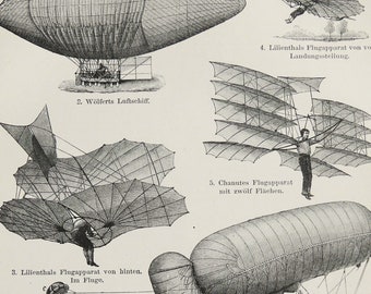 1897 Impression ancienne de BALLONS, DIRIGEABLES, AVIATION. Premières machines volantes de l'aviation. Gravure vieille de 127 ans.