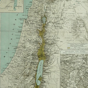1895 年のパレスチナのアンティーク地図。イスラエル。聖地。エルサレム。129 年前の地図。アンティーク プリント。