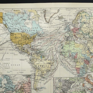 1897 Antike Weltkarte der Schiffswege im späten 19.Jahrhundert, Anfang des 20.Jahrhunderts. Hauptschifffahrtswege der Welt. 127 Jahre alte Karte