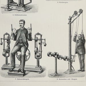 Puede incluir: Ilustración antigua de equipos de ejercicios médicos. La imagen muestra cuatro máquinas diferentes con hombres usándolas. El texto en la parte superior dice "Heilgymnastik II. Medikomechanische Apparate."