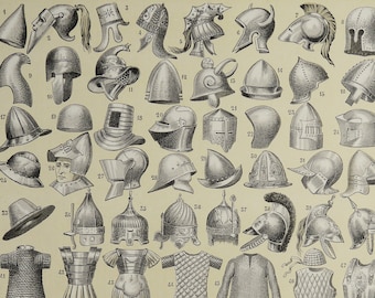 Może przedstawiać: Szczegółowa ilustracja różnych hełmów i zbroi z różnych okresów historycznych. Obraz zawiera hełmy z czasów starożytnych cywilizacji, średniowiecznych rycerzy i żołnierzy renesansu. Ilustracja jest ponumerowana i zawiera klucz wyjaśniający różne rodzaje zbroi i ich pochodzenie.