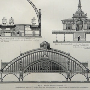 1897 Antiker Druck von ARCHITEKTUR, METALLBAUTEN. Deutsche Bahnhöfe. Architektur aus dem späten 19ten Jahrhundert. 127 Jahre alter Stich