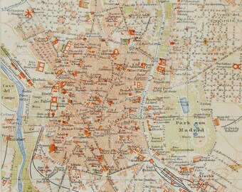 1895 Antique city map of MADRID, SPAIN. 129 years old town map.