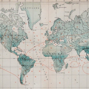 1895 年のアンティークな気象世界地図。年間降水量。天気図。気候。物理学。129 年前のチャート。