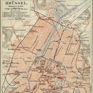 1897 Plan de la ville de BRUXELLES, Belgique. Plan de la ville vieux de 128 ans.