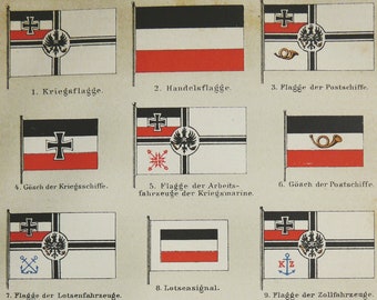 1895 Antique lithograph of GERMAN HISTORIC FLAGS. Flags of German Empire. Germany. Militaria. Heraldry. 129 years old print.