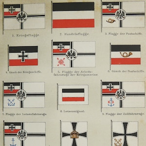 1895 Antique lithograph of GERMAN HISTORIC FLAGS. Flags of German Empire. Germany. Militaria. Heraldry. 129 years old print.