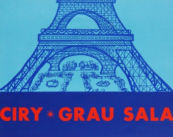 May include: A blue and white poster advertising an exhibition of Ciry, Grau Sala, Kischka, and Zendel at the Caves de la Tour Eiffel in Paris, France. The poster features a line drawing of the Eiffel Tower and the text "Exposition du 27 novembre au 31 decembre 1959."