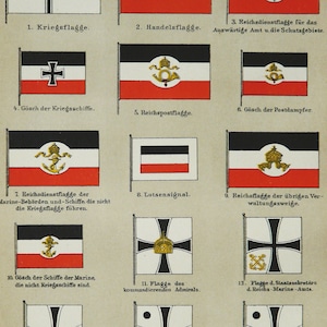 1895 Antique lithograph of GERMAN HISTORIC FLAGS. Flags of German Empire. Germany. Militaria. Heraldry. 128 years old print.