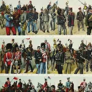 1897 Antique lithograph of SOLDIERS, UNIFORMS from the Countries of the World, late 19th Century. Militaria. 127 years old print.