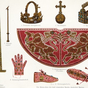 1897 Antique lithograph of IMPERIAL REGALIA of GERMANY. German Empire. Militaria. Heraldry. Nürnberger Kleinodien. 127 years old print.