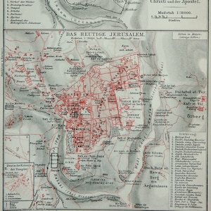 1895 Antiker Stadtplan von JERUSALEM. ISRAEL. Palästina. Stechpalmenland. 129 Jahre alter Stadtplan.