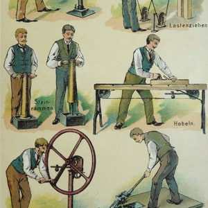 Puede incluir: Un gráfico educativo vintage ilustrado que representa varios tipos de trabajo. El gráfico muestra a hombres usando herramientas y maquinaria para aserrar, levantar, apisonar, cepillar y girar una rueda. El texto en el gráfico incluye las palabras alemanas "Sägen", "Lastenziehen", "Stein-rammen", "Hobeln", "Schwungrad drehen" y "Arbeiten mit dem Spaten".