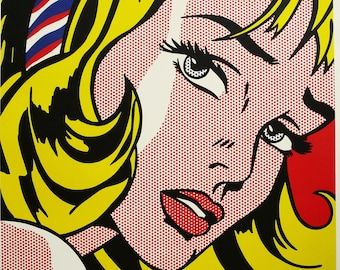 ROY LICHTENSTEIN: "Flicka med hårband", Original utställningsaffisch för Solomon R. Guggenheim Museum, New York, 1993. Popkonst.