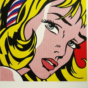 ROY LICHTENSTEIN: "Ragazza con nastro nei capelli", manifesto originale della mostra per il Solomon R. Guggenheim Museum, New York, 1993. Pop Art.