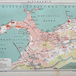 1895 Antieke stadsplattegrond van ALEXANDRIA, EGYPTE. 129 jaar oude stadsplattegrond.