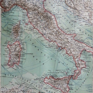 1897 イタリアのアンティーク地図、航路付き。ヴィンテージ地理。ローマ、ヴェネツィア、フィレンツェ、シチリア... 127 年前の地図