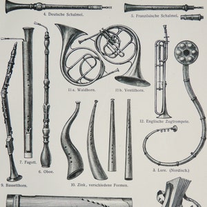 1897 Grabado antiguo de INSTRUMENTOS MUSICALES ANTIGUOS, diferentes tipos. Música. Grabado de 127 años.