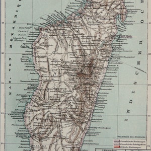 1895 Mapa antiguo de MADAGASCAR, ÁFRICA. Oceano Indio. Gráfico de 129 años.