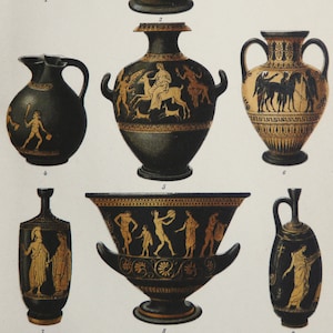 Puede incluir: Colección de nueve jarrones de cerámica griega antigua, cada uno con ilustraciones únicas en negro y naranja que representan escenas de la vida cotidiana, la mitología y competiciones deportivas. Los jarrones varían en forma y tamaño.