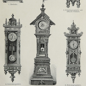 May include: A collection of six antique clocks in various styles, including a table clock, a wall clock, and a grandfather clock. The clocks are all intricately carved and feature Roman numeral faces.