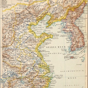 1895 Antike Karte von CHINA und KOREA. Das gelbe Meer. Asien. Geographie. 129 Jahre alte Lehrtafel.