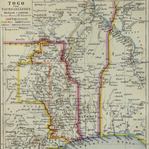 1897 年、ドイツ保護領トーゴランドの古地図。ドイツ植民地。ドイツ帝国。トーゴ。アフリカ植民地。127 年前の地図。