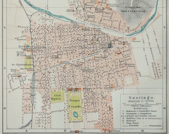 1895 Antique city map of SANTIAGO and VALPARAISO, CHILE. 129 years old town map.