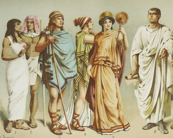1895 Antique lithograph of ANCIENT FASHION from Ancient Egypt, Rome, Greece, Middle Ages. Antique Costumes. Clothes. 131 years old print