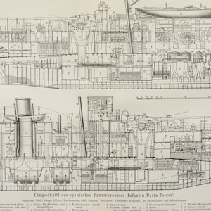 1897 Antik Druck eines SCHLACHTSCHIFFES. KRIEGSSCHIFF. Vorgebohrt. Schifffahrt. Marine Schiffe. 127 Jahre alter Druck.