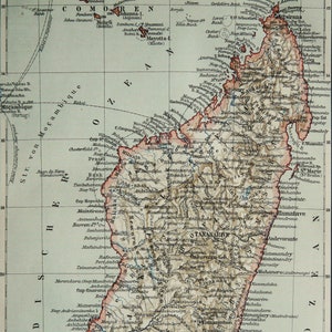 1897 Mapa antiguo de MADAGASCAR, ÁFRICA. Océano Indio. Gráfico de 127 años.