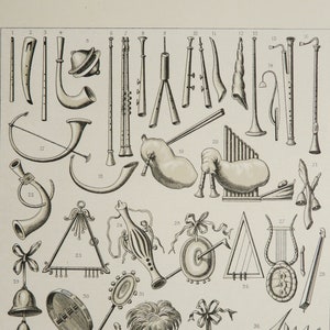1876 Antique lithograph of ANCIENT MUSICAL INSTRUMENTS of the Roman Empire. Ancient Rome Music. Archaeology. 148 years old print.