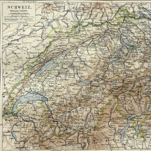 1897年 スイスのアンティーク地図。アルプス。127年前の地図