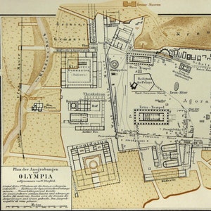 1897 Antike Stadtkarte von OLYMPIA, GRIECHENLAND. Olympische Spiele der Antike. Archäologie. Archäologie. 127 Jahre alter Druck.