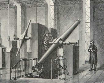 1863 Antique celestial print of a TELESCOPE of the PARIS OBSERVATORY. Astronomy. Steampunk Era. Optics. 161 years old engraving.