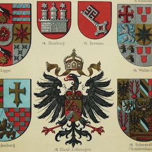 1897 Antique lithograph of GERMAN EMPIRE ESCUTCHEONS. Heraldic Shields. Militaria. Germany. Heraldry. Prussia. 127 years old print.