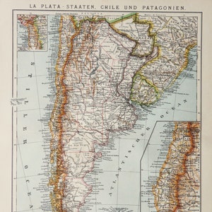 1911 Antieke kaart van ZUID-AMERIKA. Argentinië, Chili, Uruguay, Paraguay... 113 jaar oude kaart.